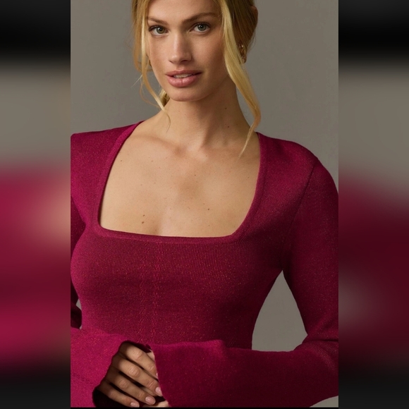 Maeve by Anthropologie Metallic Knit Top, Square Neck Bell Sleeve, S, NWT - Picture 2 of 12